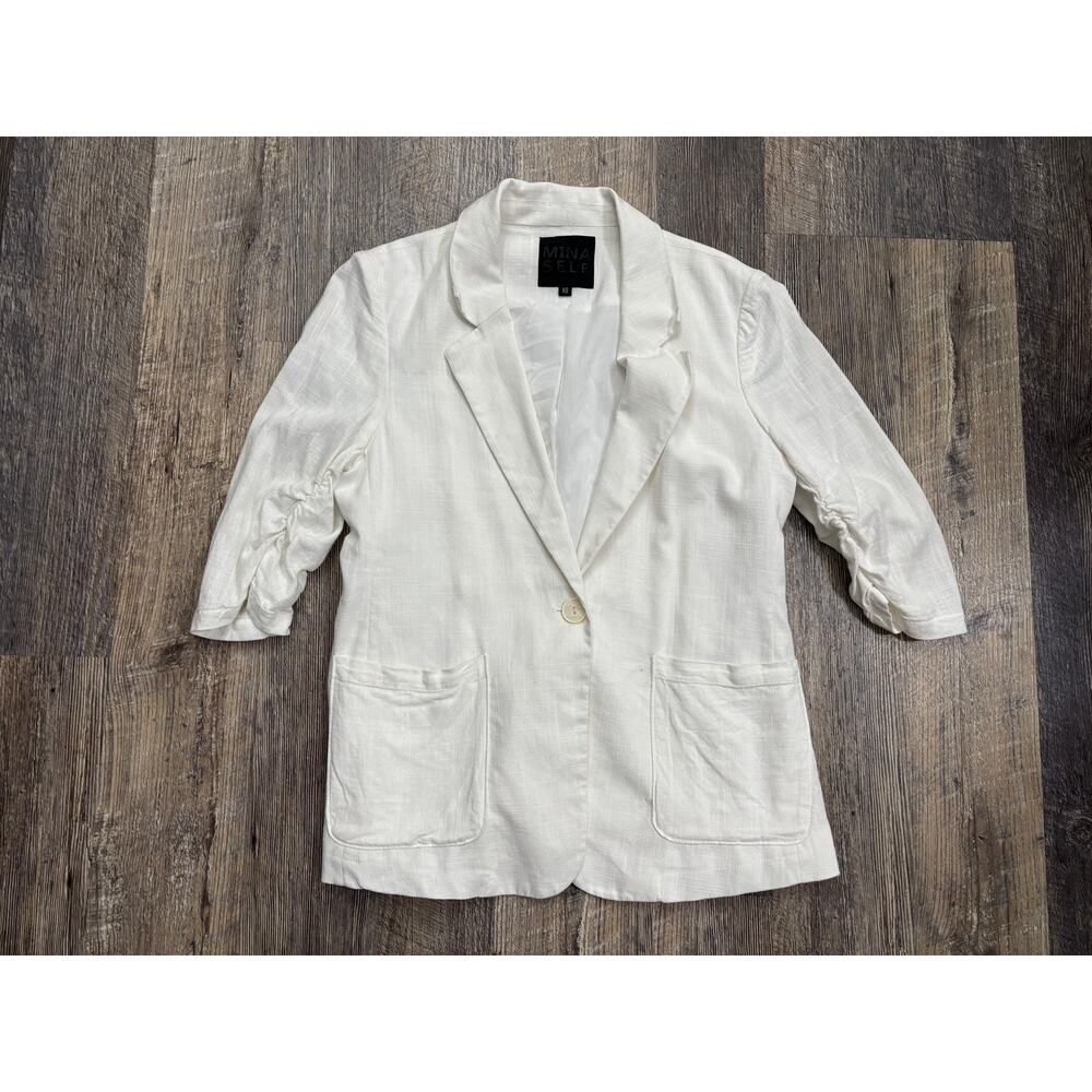 Mina‎ Self Womens White Linen Blend Ruched 3/4 Sleeve Blazer Jacket XS 25655